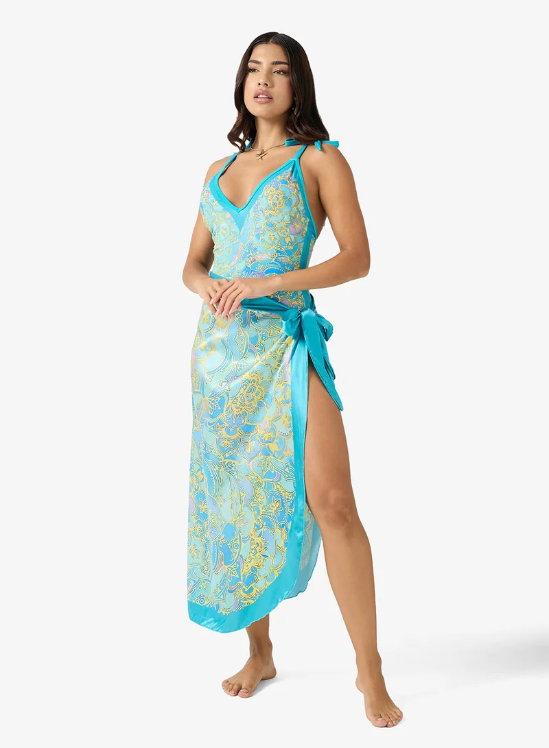 ايلا طقم ملابس سباحة وسارونغ مطبوع